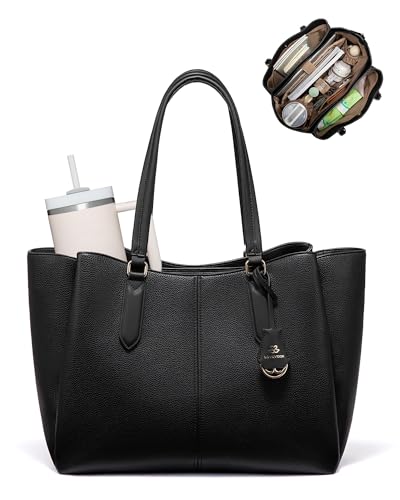 LOVEVOOK Laptop Tote Bag for Women 15.6 In Work Bags with Triple Compartments Large Faux Leather Computer Office Briefcase - color: Black, size: 17.3 Inch