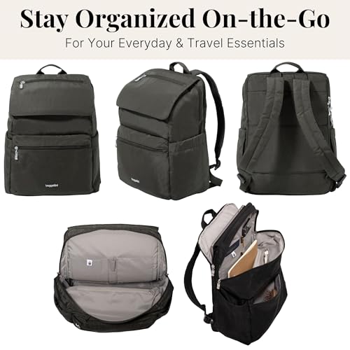 Baggallini Flap Laptop Backpack - 15"x11" Lightweight Work Travel Bag w/Luggage Sleeve & RFID - color: Charcoal
