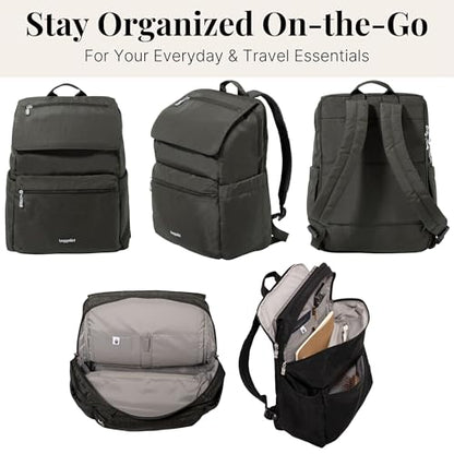 Baggallini Flap Laptop Backpack - 15"x11" Lightweight Work Travel Bag w/Luggage Sleeve & RFID - color: Charcoal