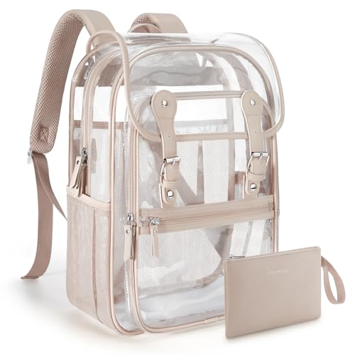 mommore Clear Backpack Heavy Duty Thick PVC Clear Bookbag for School with Pencil Bag Transparent Backpack See-Through Bag - color: Khaki, style: Clear Backpack Set