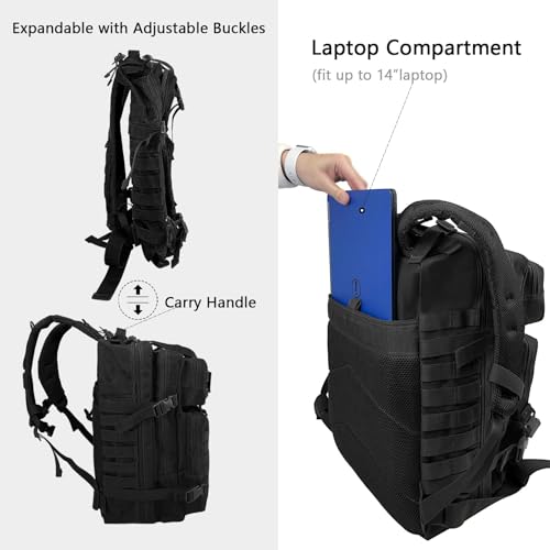 WOLT Military Tactical Backpack for Men 45L Molle Backpack 3 Day Assault Pack Bug Out Bag, Heavy Duty Rucksack for Hiking Gym(Black) - color: Black