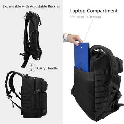 WOLT Military Tactical Backpack for Men 45L Molle Backpack 3 Day Assault Pack Bug Out Bag, Heavy Duty Rucksack for Hiking Gym(Black) - color: Black