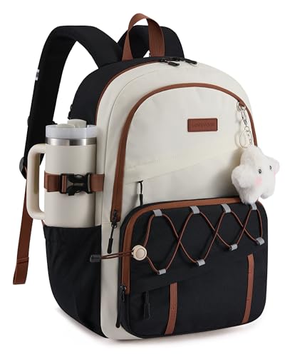 LOVEVOOK School Backpack for Teen Girls,Lightweight 15.6"Student Laptop Bag | Cute Kids Bookbag with Water Bottle Holder,Large Capacity College Backpack with Reinforced Bottom Board for School&Daily Use - color: Black - Off White, size: Medium