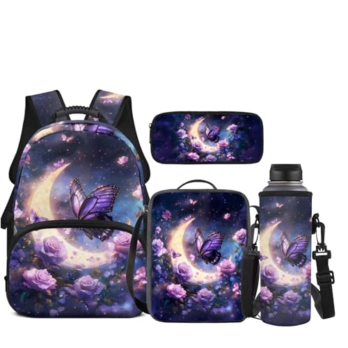 JEOCODY Kids Bookbag Butterfly Backpack for Girls Backpack and Lunch Box Set, Boys School Bag Water Bottle Holder and Pencil Pouch Girls Daypack Back to School Accessories - color: Butterfly With Purple Rose Printedd