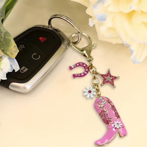 Madison Tyler Western Cowboy Boots Cherry Bow Bubble Tea Strawberry Cute Keychain | Bag Charms for Handbags Purse Charms - color: Pink Boots