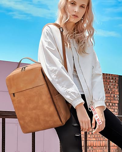 MASINTOR 15.6 inch PU Leather Laptop Backpack Purse for Women, Large College Casual Backpack Travel Bag Retro Camel - color: Retro Camel