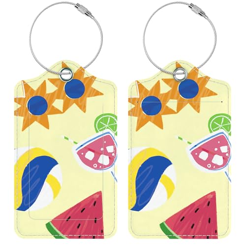 Luggage Tags for Suitcases, 2 Pack Cute PU Leather Luggage Tag TSA Approved with Stainless Steel Loop and Address Card Baggage Tag for Travel&Cruise Ships&Shipping Beachside Summer, by Chelmon - color: Beachside Summer