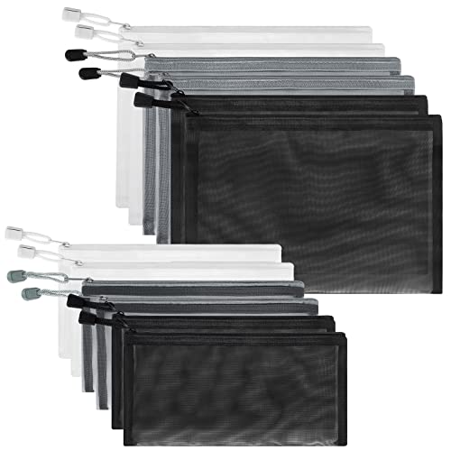 12 Pieces Zipper Nylon Mesh Pouch, Mesh Cosmetic Bags Makeup Bags Pencil Case, Multipurpose Travel Bags for Cosmetic School Office Supplies and Travel Accessories (Black,White,Grey, A5+B6) - color: Black,White,Grey, size: A5+B6