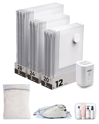 BAGSMART Vacuum Seal Storage Bags for Clothing Travel, 12 Pack Travel Essentials Bundle includes Laundry Bag & Waterproof Shoe Bag & TSA Approved Toiletry Bag, Hand Pump Included - color: Gray, size: 12 Combo Travel