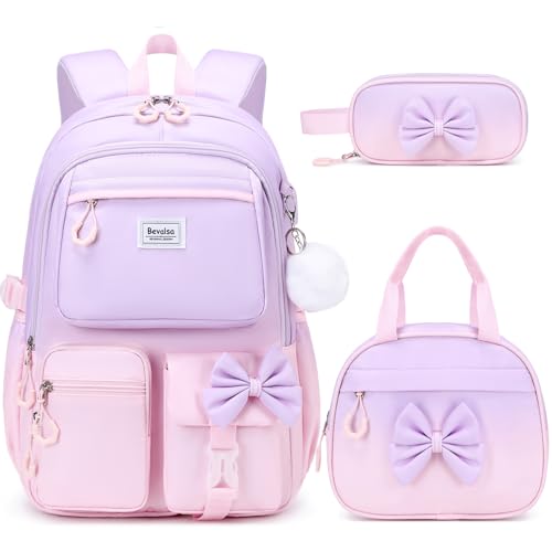 Bevalsa Backpack for Girls, Cute Bow School Bags for Kids with Lunch Bag & Pen Case, Bookbag for Girls Children Teens Elementary Middle Student, Back to School Gift with USB Charging Port - color: Purple-pink