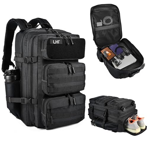 LHI Tactical Military Backpack for Men and Women 25L/35L Army Assault Pack Bag Small Rucksack with Bottle Holder - color: 50l-shoe Compartment(black), size: Large