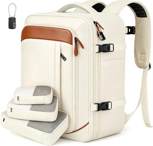 Vancropak Travel Backpack for Women, Airline Approved Carry On Backpack with 3 Packing Cubes, Expandable Large 40L Travel Bag fits 17" Laptop, Anti Theft Luggage Suitcase Weekend Daypack, White Brown - color: White Brown