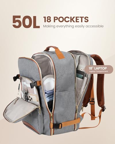 LOVEVOOK 50L Travel Backpack Flight Approved Carry on Backpack,3 Packing Cubes,Waterproof Personal Item Travel Bag,TSA Carry on Luggage Suitcase Travel Essentials,Gifts for Women & Men,fits 18" Laptop - color: Grey-brown, size: X-Large-50L-4Pcs