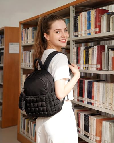 BAGSMART Mini Backpacks for Women, Puffy Checkered Quilted Small Backpack with Pouch, Lightweight Daypack Purse, Water-Resistant Bookbag for Daily Travel College, 2-in-1 Set, Black - color: Jet Black