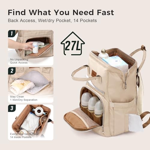 Diaper Bag Backpack, Large Capacity Baby Bag with 14 Pockets, 3 Insulated Bottle Pockets, Changing Pad, Wet/Dry Pocket, Stroller Straps and Luggage Sleeve, Unisex for Mom and Dad, 27L Beige - color: Beige, size: Large