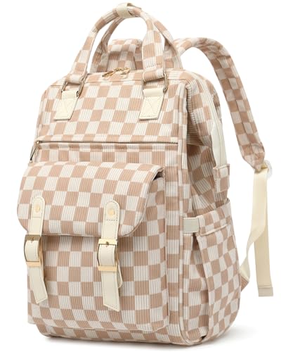 Laptop Backpacks for Women, Corduroy High School College Bookbag 15.6 Inch Laptop Bags for Girls Travel Daypack - Checkered Brown - color: Checkered Brown