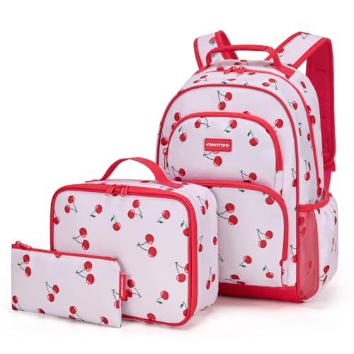 mommore Kids Backpack for Boys Girls 4-8 Kindergarten Elementary School Backpack with Lunch Box - 15” H Fit Folder - color: A-red Cherry, style: 3 Pcs