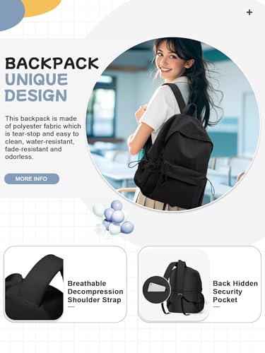 Black School Backpack for Girls Women Waterproof High School Book Bag Cute Backpack for Men Teens Boys, Lightweight Simple Middle School Back Pack Daypack - color: Black