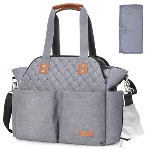Lekebaby Diaper Bag Tote for Baby - 17 Pockets Large Travel Diaper Tote with Portable Changing Pad, Mom Crossbody Hospital Bag for Labor Delivery, Waterproof, Baby Essentials for Newborn Gifts, Grey - color: Grey