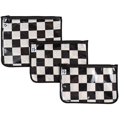 Tiny Twinkle Diaper Bag Organizing Pouches|3 Pack Mess-Proof Clear Front Travel Organizer Bags&TSA Approved Toiletry Bag Set for Baby and Mom Essentials - color: Black Checkers