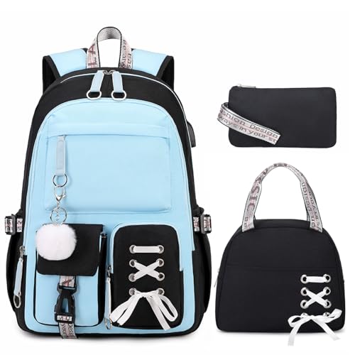 ACESAK Backpacks for Girls, Girls Backpack with Lunch Box and Pencil Case for Teen Kids Elementary Middle High School College Student, Children Backpack Bookbag with USB Charging Port (Blue) - color: Black & Blue