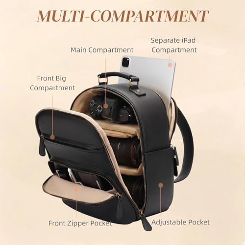 Small Camera Backpack Classic PU Leather for DSLR, Professional Camera Bag for Photographers with 11 Inch Pad/Tablet Compartment Small 10L Black - color: Black