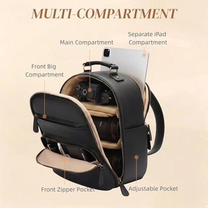 Small Camera Backpack Classic PU Leather for DSLR, Professional Camera Bag for Photographers with 11 Inch Pad/Tablet Compartment Small 10L Black - color: Black