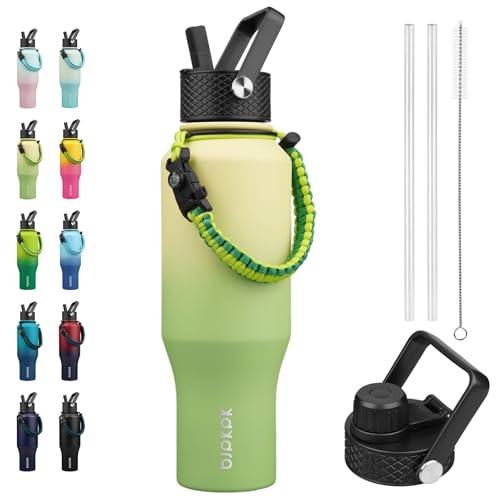 BJPKPK Insulated Water Bottles with Straw Lid, 35oz Metal Water Bottle with 2 lids & Paracord Strap, Double Wall Stainless Steel Vacuum Tumblers, Cups, Mugs, Thermo for Hot& Cold Drinks, Fresh Green - color: Fresh Green, style: 35oz