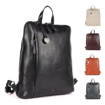12.5 Inch Genuine Leather Backpack for Women and Men, Black Leather Backpack with Adjustable Shoulder Strap - color: Black