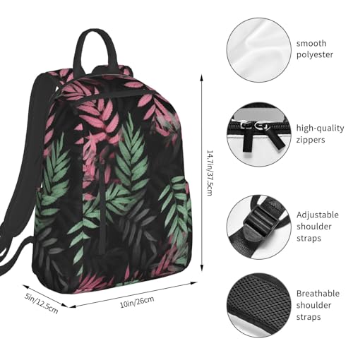 Black pink green leaves Travel Backpack for Men & Women 14 inch Laptop Backpack Waterproof Work Back Pack - color: Black Pink Green Leaves