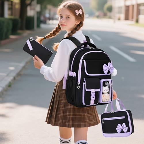GeeWin Girls Backpack for School with Lunch Box & Pencil Case Set, 17 Inch Waterproof Cute Bow Girls Bookbag for Kids, Teens, Elementary Middle High College School Student (Black/Purple) - color: Black Purple
