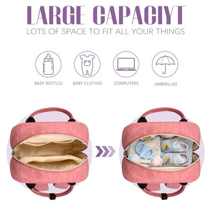 Tuwubi Diaper Bag Backpack, Baby Essentials Travel Tote Bag, Multi function Waterproof Backpacks, Travel Essentials with Stroller Straps & Pacifier Case - Pink - color: Pink, size: Medium