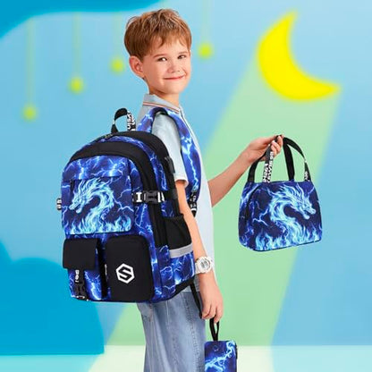 Scothen Boys Backpack, Cool Luminous School Backpacks for Boys with Lunch Bag Pencil Case, Kids Backpack Kindergarten Elementary Middle School Book Bags for Teen Boy Children with USB Charging Port - color: Blue Dragon