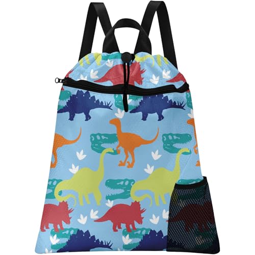 Dinosaur Drawstring Backpack, 15” x 17” Waterproof Swim Bag for Beach Swimming Pool, Lightweight Foldable Gym Bag with Water Bottle Holder for Sports Travel - color: Blue Cartoon Dinosaurs