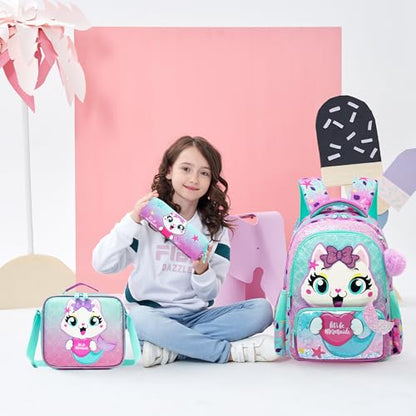 Meetbelify Kids School Backpacks for Girls Boys Backpack with Lunch Bag for Elmentary Students - color: 01 Mermaid Cat
