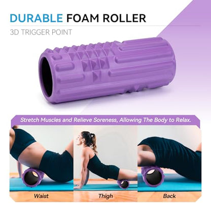5 in 1 Foam Roller Set, High Density Fitness Exercise Foam Roller for Deep Tissue Muscle Massage, Massage Roller, Massage Ball, Resistance Band, for Whole Body(Purple) - color: Purple