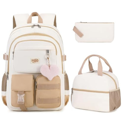 3PCS Student Backpack For School Women College Middle High Teen Girls Bookbag Waterproof Laptop Bag Beige Khaki - color: Beige Khaki