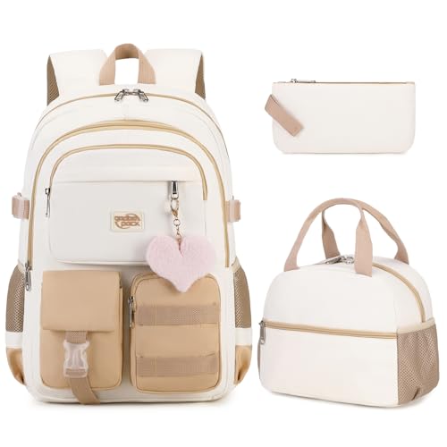 3PCS Student Backpack For School Women College Middle High Teen Girls Bookbag Waterproof Laptop Bag Beige Khaki - color: Beige Khaki