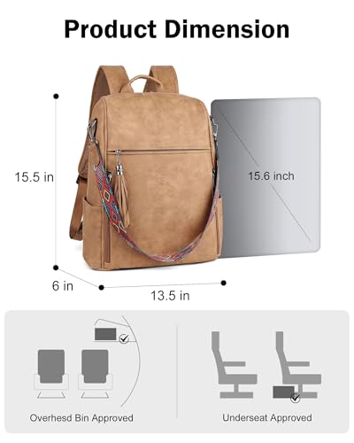 FADEON Leather Laptop Backpack for Women Designer 15.6 inch PU Laptop Bag, Ladies Travel Computer Work Backpack Brown - color: Camel Brown Suede Style