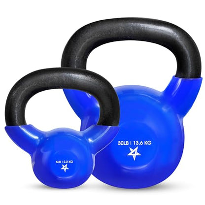 Yes4All Kettlebell, Vinyl Coated Kettlebell Cast Iron Sets with Stable Flat Bottom for Full Body Workout, Push up, Grip Strength Training & Weights Exercises - color: Blue, style: 5 + 30lb
