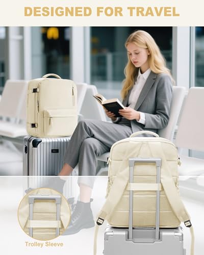 VECAVE 18x14x8 TSA-Approved Personal Item Backpack – Under Seat Carry-On Travel Bag for Women, Fits 15.6" Laptop, with Water Bottle & Shoe Pouch, Airline Travel Backpack Flight approved Beige - color: H5-beige, size: Large