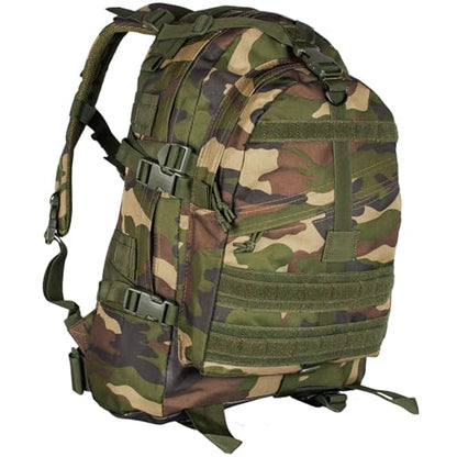 FOX OUTDOOR PRODUCTS Large Transport Pack | 37L Tactical Backpack with Compression Straps, Hydration Pocket & Modular Webbing - color: Woodland Camo