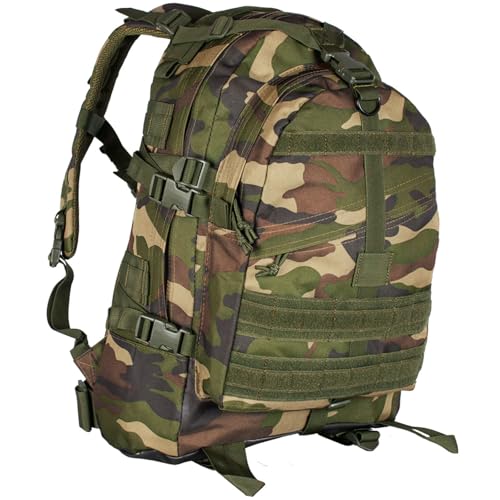FOX OUTDOOR PRODUCTS Large Transport Pack | 37L Tactical Backpack with Compression Straps, Hydration Pocket & Modular Webbing - color: Woodland Camo