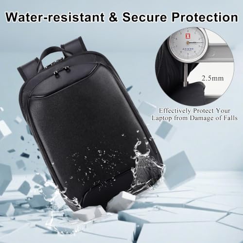 Masa Kawa Expandable Black Leather 16” Laptop Backpack for Men | Slim Waterproof Business Travel Work Computer Bag