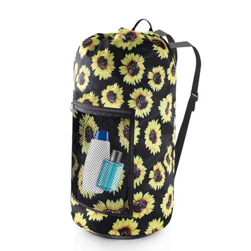 Olosar Laundry Bag Backpack, Extra Large Travel Laundry Bag with Mesh Pocket & Adjustable Shoulder Straps,Dirty Clothes Travel Bag for College Students Dorm,Apartment(Sunflower) - color: Sunflower, size: 1Pack
