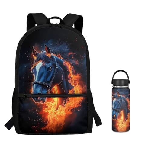 ZOUTAIRONG Backpack and Small Water Bottle for Girls Large Capacity School Bags Lightweight Bookbag with Side Pockets for Small Thermos, Flaming Horse Design - color: Flaming Horse