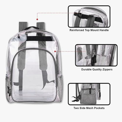 Heavy Duty Clear See Through Backpack | Transparent Clear Backpack Bags Stadium Approved for Women, Men, School, Travel - color: Grey