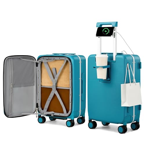 Hanke 20 Inch Top Opening Carry On Luggage with Cup Holder, Hard Shell Suitcase with Spinner Wheels, USB Ports, TSA Lock Aluminum Frame, Dry Wet Separation & Removable Divider, Caribbean Blue - color: Caribbean Blue, size: 20 Inch Pro