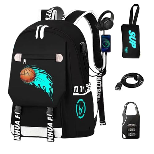 School Backpack for Boys Print Backpack Teenagers Anime Large School Bag Outdoor Reflective Daypack.Luminous Pattern Travel Laptop Backpack - With Usb Charging Port Headphone port Boy - color: Black
