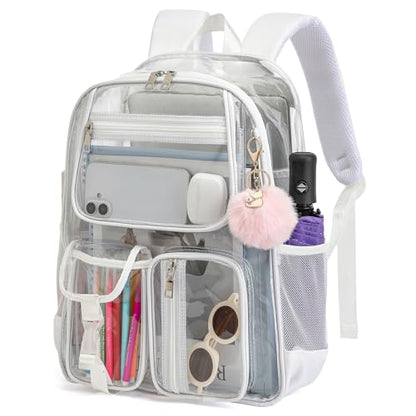 Clear Backpacks for Girls Women, Heavy Duty PVC Transparent School Bookbag See Through Back Pack for College Work Travel (White) - color: White